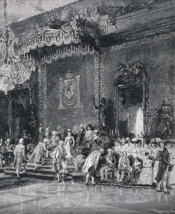Framed Print : Spain. Kingdom of Carlos IV (1804). Hand-kissing in the Royal Palace of Madrid. Engraving after a painting by Luis Alvarez (1901). Etching Framed Print : Spain. Kingdom of Carlos IV (1804). Hand-kissing in the Royal Palace of Madrid. Engraving after a painting by Luis Alvarez (1901). Etching