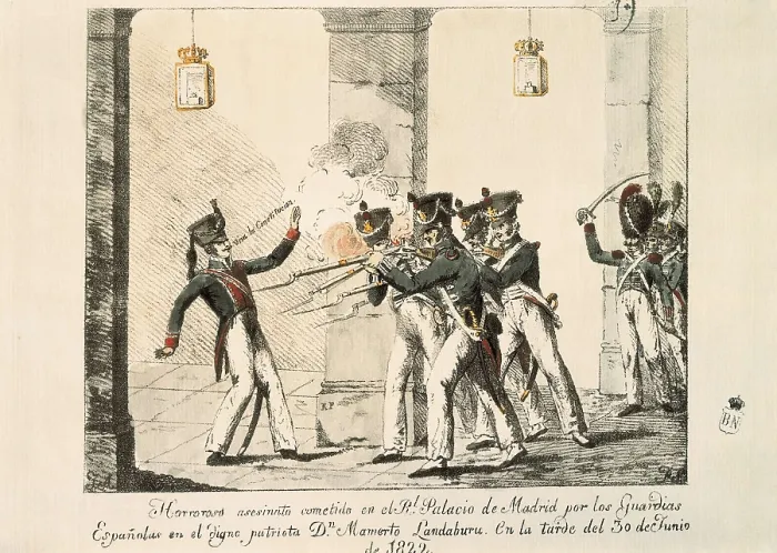 Framed Print : Spain. Liberal Triennium (1822). Murder of Mamerto Landburu at the Royal Palace of Madrid (30th June). Litography. SPAIN. Madrid. Municipal Museum