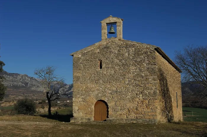 Framed Print : SPAIN. LLEIDA. Pallars Juss. Conca de Tremp. Hermitage church of Mare de Du d'Espluges, with several shootings on the faade caused during the Civil War. Architecture