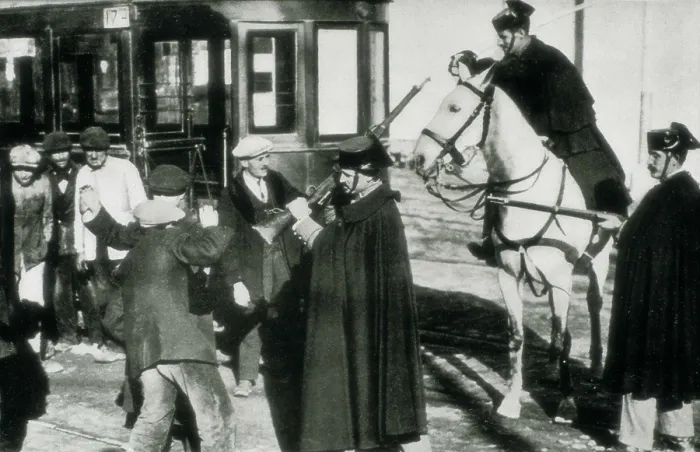 Framed Print : SPAIN. Madrid. Spain (1919). Strike of the tram workers in Madrid. The Civil Guard disperses the workes at the station of Cuatro Caminos. AISA / Everett Collection**US SALES ONLY**
