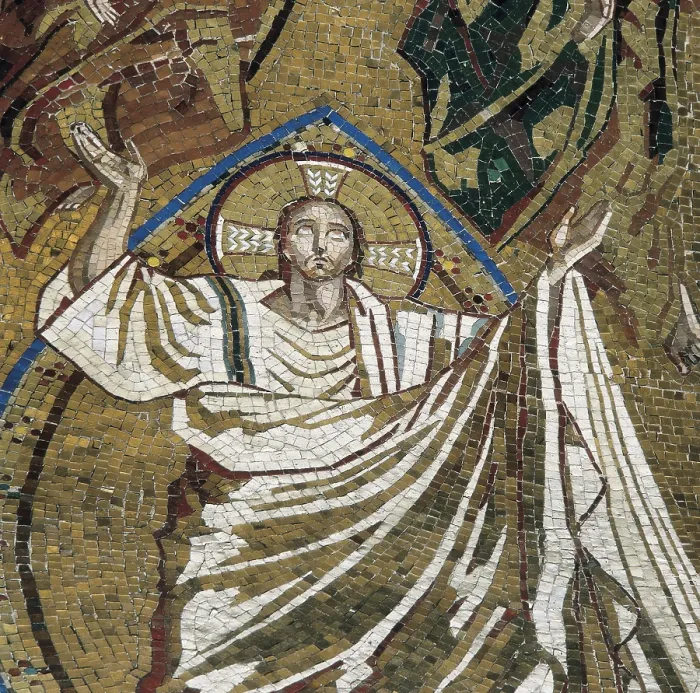 Framed Print : SPAIN. Monistrol de Montserrat. Monastery of Montserrat. Resurrected Christ, decorating the little chamber of the Virgin altapiece. Work made together with Josep Obiols. Mosaic