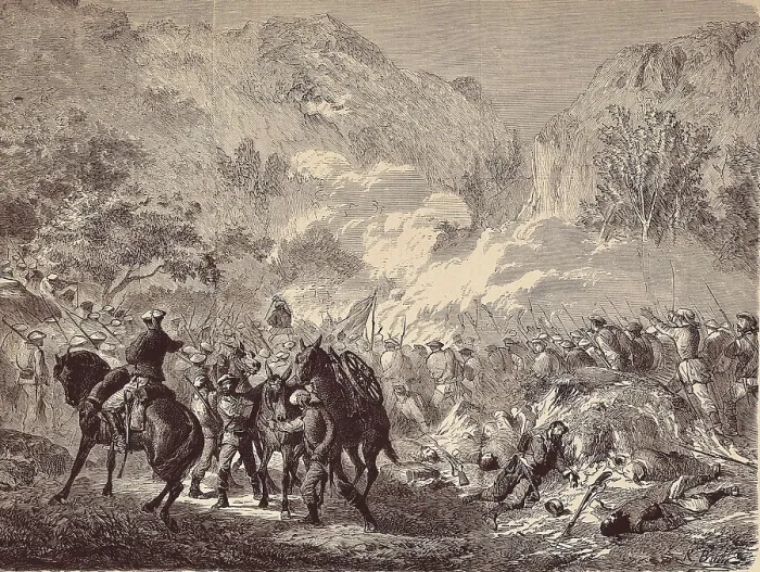 Framed Print : SPAIN. NAVARRE. Eraul. Spain. Third Carlist War. Carlist uprising. Action of Eraul, between the Navarro's columns and Dorregaray's soldiers, 5th May 1873