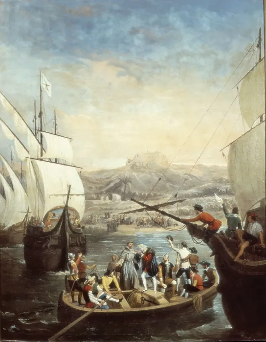 Framed Print : SPAIN. Palos de la Frontera. La Rbida Monastery.. Departure of the three caravels from the Palos harbour (3rd August 1492). Oil on canvas. AISA / Everett Collection**US SALES ONLY**