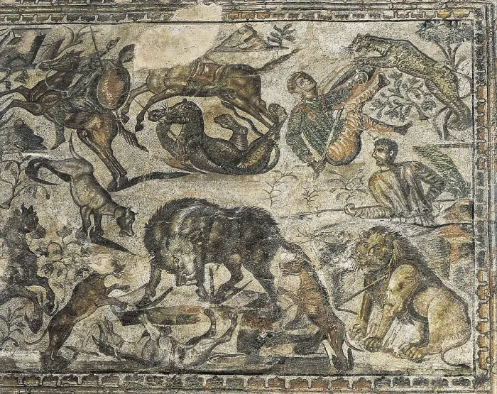 Framed Print : SPAIN. Pedrosa de la Vega. Roman Villa La Olmeda. Mosaic. The Hunt. Roman Art. 4th c. A.D. Roman art. Late Empire. Mosaic. AISA / Everett Collection (14412)**US SALES ONLY**