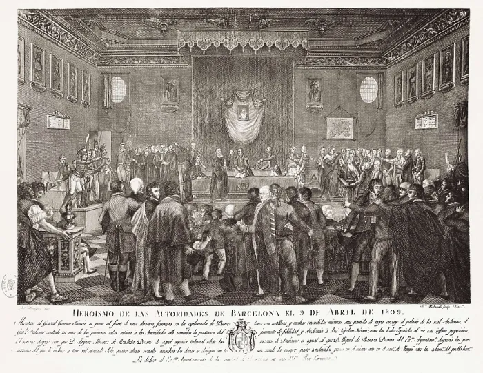 Framed Print : Spain. Peninsular War (1808-1814). Heroism of the authorities of Barcelona (9th April 1809). Etching. SPAIN. Barcelona. Barcelona City History Museum