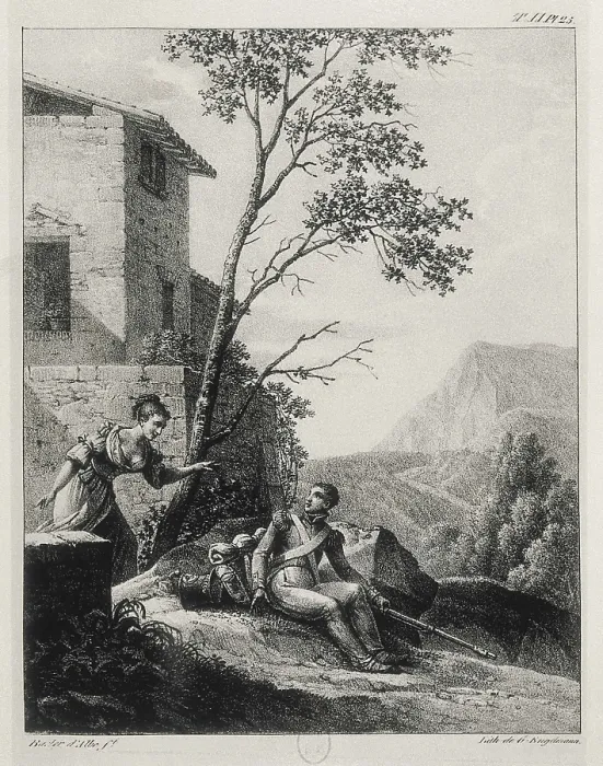 Framed Print : Spain. Peninsular War (1808-1814). An Spanish woman warns to a soldier of the arrival of the guerrilla 'El Empecinado'. Litography