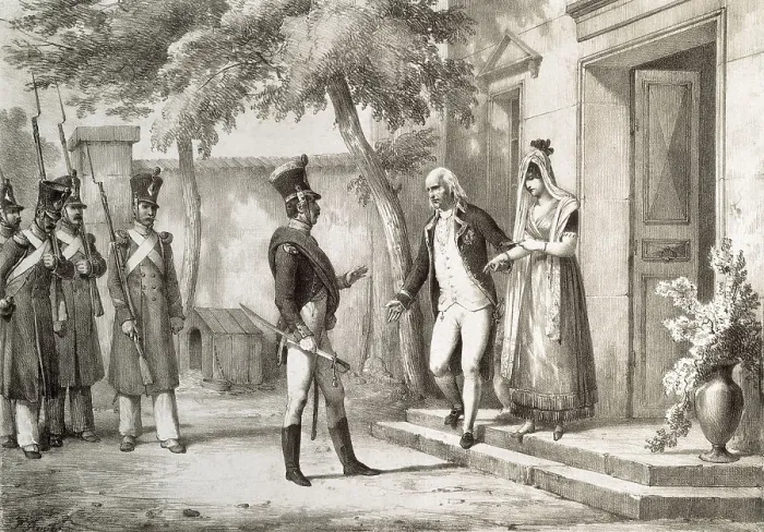 Framed Print : Spain. Peninsular War (1808). Siege of Madrid. A man handing over his daughter to a French officer. Litography. SPAIN. Madrid. Museo de Historia Framed Print : Spain. Peninsular War (1808). Siege of Madrid. A man handing over his daughter to a French officer. Litography. SPAIN. Madrid. Museo de Historia