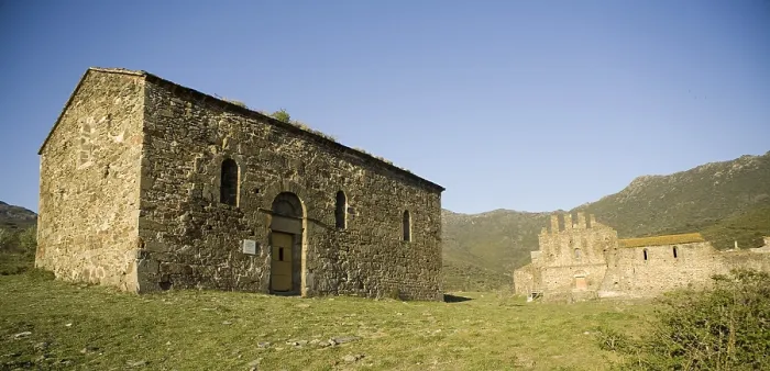 Framed Print : SPAIN. Rabos. Monastery of Sant Quirze de Colera. Benedictine Abbey. 8th-12th c. View of the monastery and the Church of Santa Maria de Colera, from the outside. Romanesque art