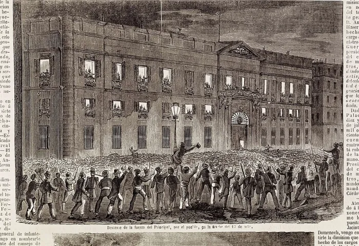 Framed Print : Spain. Revolution of 1854 (Madrid, 17th July). Disarm of the Principal by the people of Madrid. Image published in 'La Ilustracin. Peridico Universal'. Etching. SPAIN