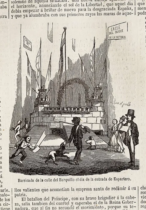 Framed Print : Spain. Revolution of 1854 (Madrid, July). Barricade on Barquillo street the day in which Espartero was coming in the city. Published in 'La Ilustracin Framed Print : Spain. Revolution of 1854 (Madrid, July). Barricade on Barquillo street the day in which Espartero was coming in the city. Published in 'La Ilustracin