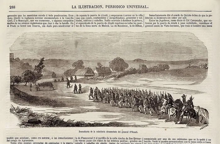 Framed Print : Spain. Revolution of 1854 (Madrid, July). The dismounted cavalry of general O'Donell. Picture from 'La Ilustracin. Peridico Universal'. Engraving. SPAIN. Madrid