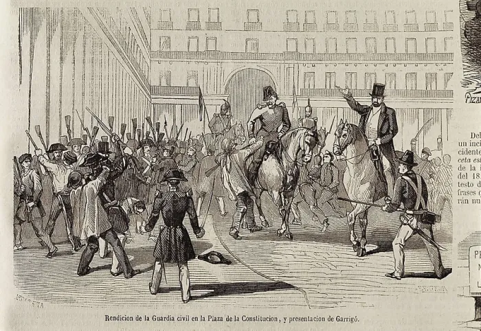 Framed Print : Spain. Revolution of 1854 (Madrid, July). Surrender of the Civil Guard in the Constitution Square and presentation of Garrig. Image published in 'La Ilustracin Framed Print : Spain. Revolution of 1854 (Madrid, July). Surrender of the Civil Guard in the Constitution Square and presentation of Garrig. Image published in 'La Ilustracin