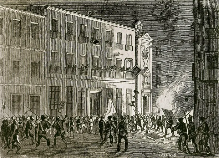 Framed Print : Spain. Revolution of 1854 (Madrid, July). Burning the furniture of the house of Salamanca. Image published in 'La Ilustracin. Peridico Universal'. Etching. SPAIN