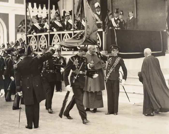 Framed Print : SPAIN. San Fernando. Spain (1930). The prince Juan de Borbn during the alligiance to the flag before his father, the king Alfonso XIII, in the Naval School of San Fernando (28th October 1930)