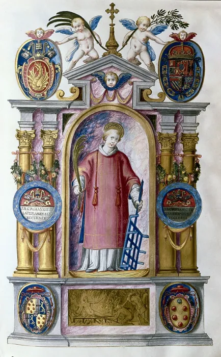Framed Print : SPAIN. San Lorenzo de El Escorial. Royal Monastery of San Lorenzo de El Escorial. Veracity of the Relic of Saint Lawrence. Miniature of the period of Philip II. Renaissance art Framed Print : SPAIN. San Lorenzo de El Escorial. Royal Monastery of San Lorenzo de El Escorial. Veracity of the Relic of Saint Lawrence. Miniature of the period of Philip II. Renaissance art