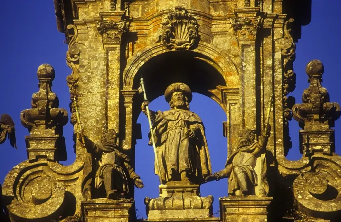 Framed Print : SPAIN. Santiago de Compostela. Cathedral of Santiago de Compostela. Sculpture of St. James the Apostle. Facade by Casas Novoa in Obradoiro square (18th c.). Baroque art