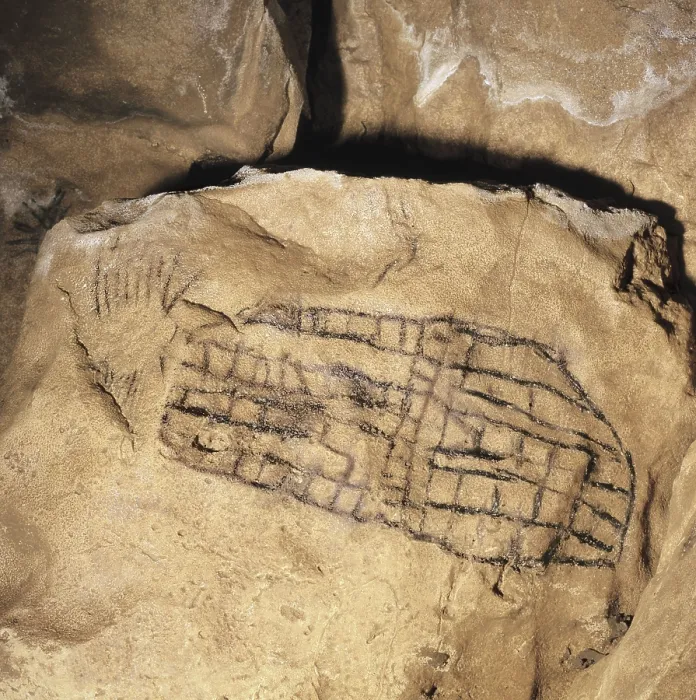Framed Print : SPAIN. Santillana de Mar. Altamira Caves. Parietal painting in black colour placed in a corridor of the cave. Upper Paleolithic. Solutrean. Cave