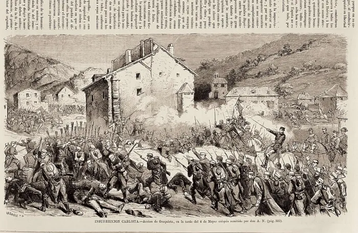 Framed Print : Spain. Second Carlist War. Carlist iInsurrection. Action of Oroquieta (May 4, 1872). Engraving by Urrabieta in 'La Ilustracin Espaola y Americana'. Engraving. SPAIN