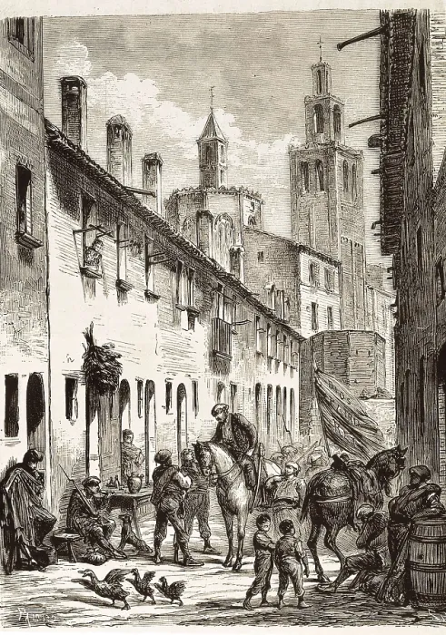 Framed Print : Spain. Second Carlist War. Carlist squad under Castells in a village of Catalonia. 'La Ilustracin Espaola y Americana'. Engraving. SPAIN. Madrid. National Library