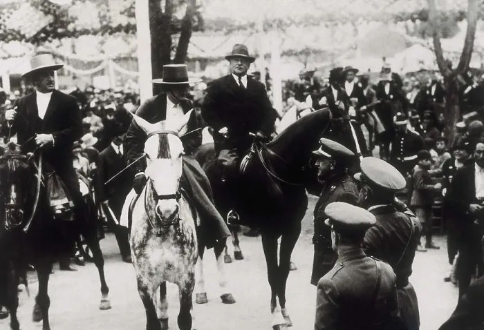 Framed Print : SPAIN. Sevilla. Spain (1927). Primo de Rivera's Dictatorship. The queen Victoria Eugenia de Battenberg and Miguel Primo de Rivera on horseback visiting the Sevilla April Fair
