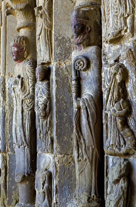 Framed Print : SPAIN. Sos del Rey Catolico. St Stephen Church. 11th century. Detail of column's relief below the portico's archivolts. Romanesque art. Sculpture on rock