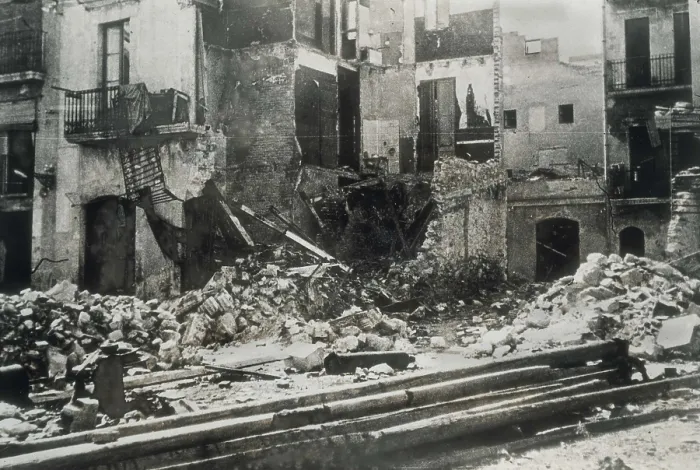 Framed Print : SPAIN. Tarragona. Spanish Civil War (1936-1939). Bombardment in Tarragona. SPAIN. Monistrol de Montserrat. Library of Montserrat Abbey. AISA / Everett Collection**US SALES ONLY**