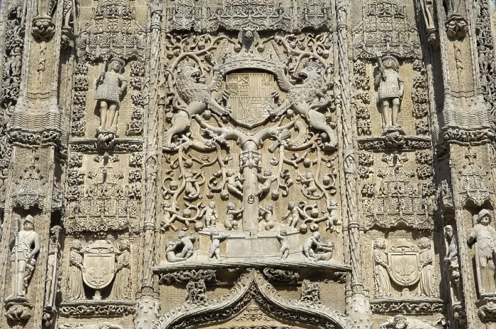 Framed Print : SPAIN. Valladolid. Detail of the facade of the Colegio de San Gregorio (College of St. Gregory) with the coat of arms of the Catholic Monarchs and the Fleur-de-lis
