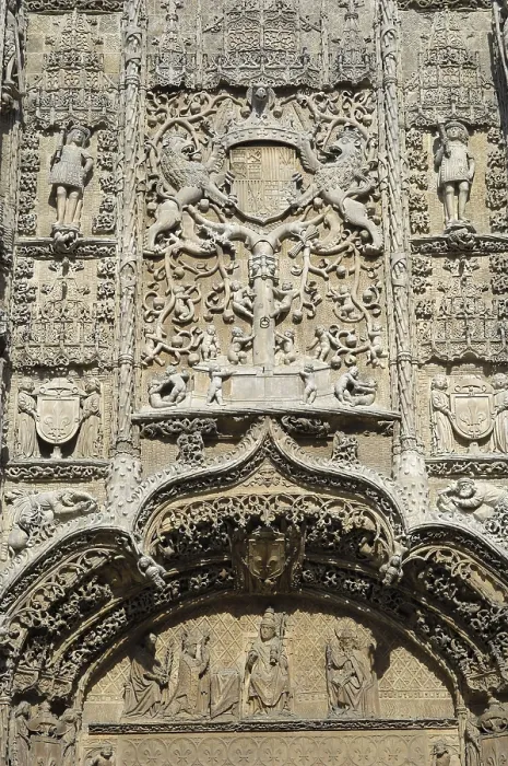 Framed Print : SPAIN. Valladolid. Detail of the facade of the Colegio de San Gregorio (College of St. Gregory) with the coat of arms of the Catholic Monarchs and the Fleur-de-lis