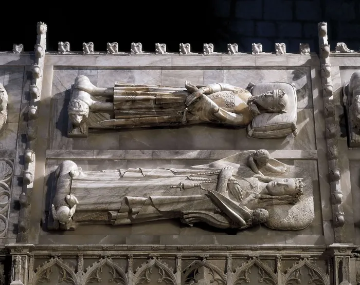 Framed Print : SPAIN. Vimbod. Monastery of Poblet. Tombs of king John I (1350-1396) and Violante de Bar, restored by Frederic Mars. Gothic art. Sculpture