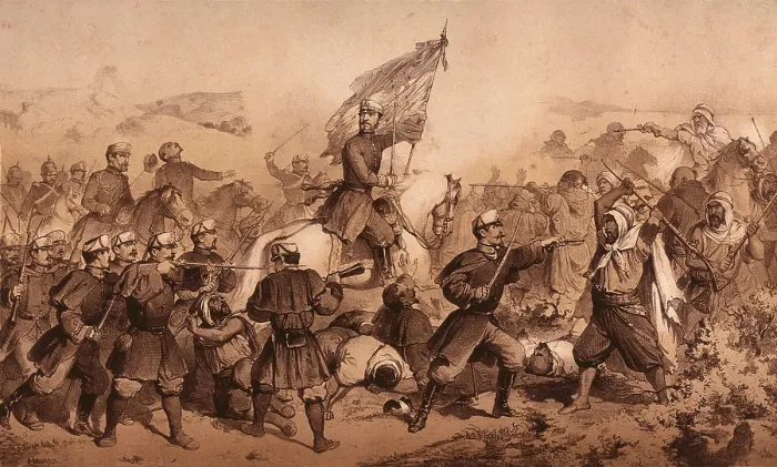 Framed Print : Spain. War of Africa (1859-1860). Juan Prim in the batlle of Los Castillejos (1st january 1860). General Prim with the banner of the Cordoba regiment. Litography. SPAIN. Reus