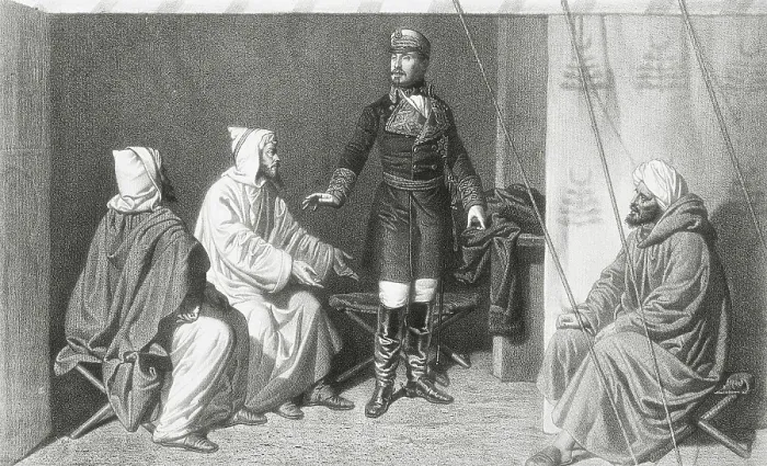 Framed Print : Spain. War of Africa. Meeting between Leopoldo O'Donnell and Muley-el-Abbas (23rd February 1860). Litography. SPAIN. Donostia. San Telmo Municipal Museum Framed Print : Spain. War of Africa. Meeting between Leopoldo O'Donnell and Muley-el-Abbas (23rd February 1860). Litography. SPAIN. Donostia. San Telmo Municipal Museum