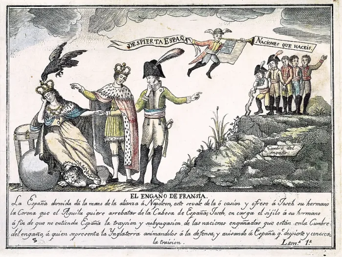 Framed Print : Spain. War of Independence (1808-1814). 'El engao de Fransia' (trick of France). Napolen offers to his brother Joseph the sleep Spain. Engraving. SPAIN. Madrid