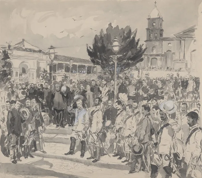 Framed Print : Spanish and American military officers in a plaza in Santiago de Cuba during surrender ceremony, July 17, 1898 (BSLOC_2017_10_58)