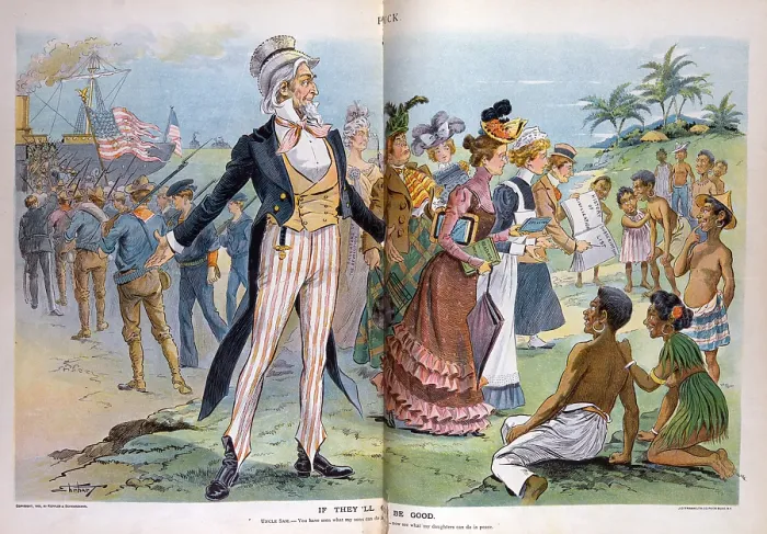Framed Print : The Spanish American War. Illustration of Uncle Sam between departing American soldiers and American women arriving to Westernize the natives of the Philippines. 1900