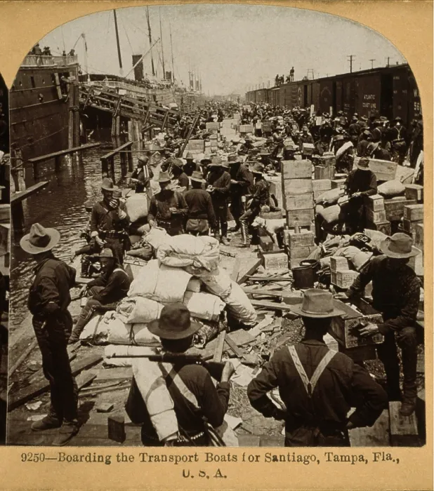 Framed Print : The Spanish American War. Boarding the transport boats for bound for Santiago, Cuba. Tampa, Florida, stereocard, 1898