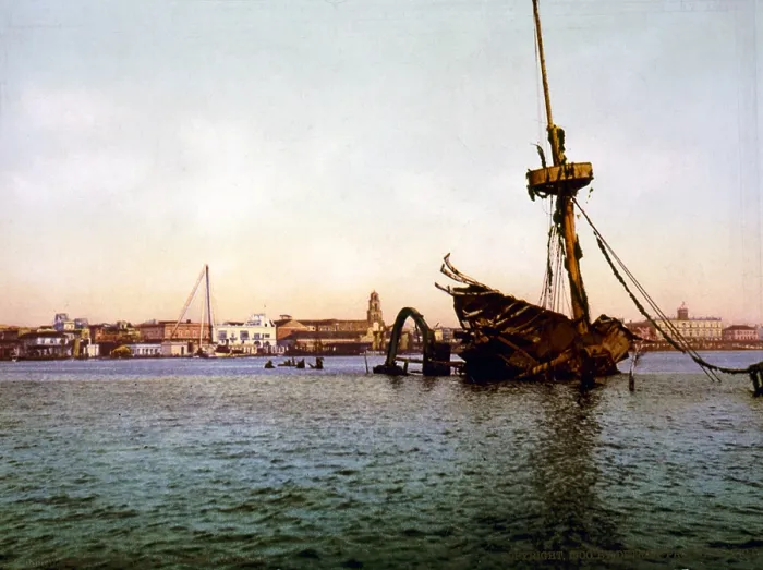 Framed Print : The Spanish American War. Wreck of the U.S.S. Maine in Havana Harbor, Cuba. William Henry Jackson, photographer. color photochrom, c. 1900 Framed Print : The Spanish American War. Wreck of the U.S.S. Maine in Havana Harbor, Cuba. William Henry Jackson, photographer. color photochrom, c. 1900