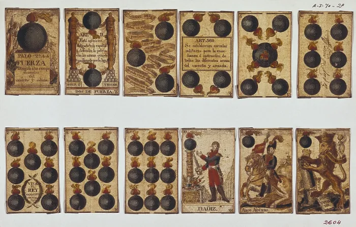 Framed Print : Spanish Civil War of 1820-1823. Pack of cards decorated with liberal and militar drawings: 1812 Constitution articles and portraits of generals Velarde and Riego. SPAIN. Madrid Framed Print : Spanish Civil War of 1820-1823. Pack of cards decorated with liberal and militar drawings: 1812 Constitution articles and portraits of generals Velarde and Riego. SPAIN. Madrid