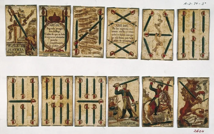 Framed Print : Spanish Civil War of 1820-1823. Pack of cards decorated with liberal and militar drawings: 1812 Constitution articles and portraits of generals Velarde and Riego. SPAIN. Madrid