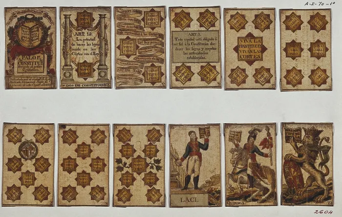 Framed Print : Spanish Civil War of 1820-1823. Pack of cards decorated with liberal and militar drawings: 1812 Constitution articles and portraits of generals Velarde and Riego. SPAIN. Madrid