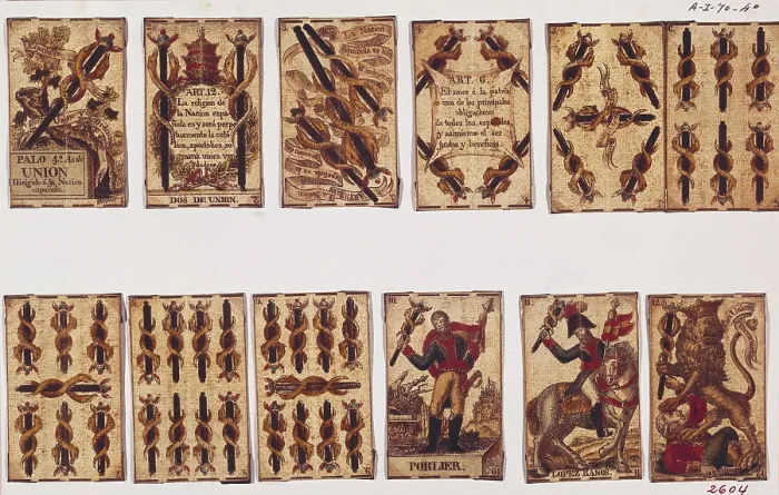 Framed Print : Spanish Civil War of 1820-1823. Pack of cards decorated with liberal and militar drawings: 1812 Constitution articles and portraits of generals Velarde and Riego. SPAIN. Madrid
