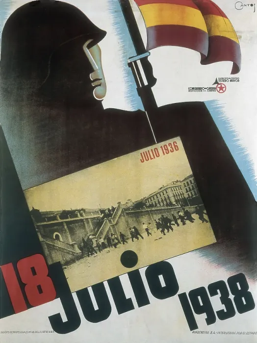Framed Print : Spanish Civil War (1936-1939). '18 de julio 1938' (18th July 1938). Poster by Cantos edited by the War Commissariate of the Center Arny