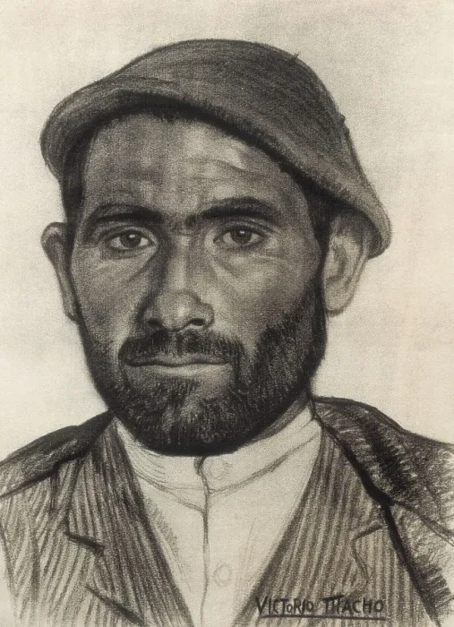 Framed Print : Spanish Civil War (1936-1939). Spanish farmerdrawing by Victorio Macho published in the magazine 'Madrid' (1937). Drawing