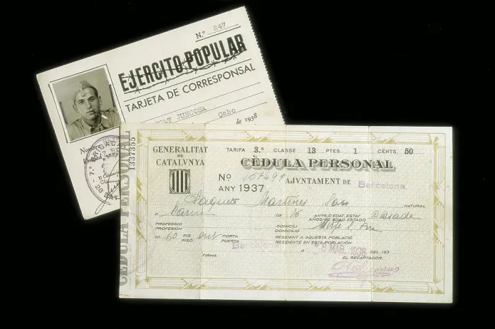 Framed Print : Spanish Civil War (1936-1939). War correspondent card of the Popular Army (1938) and identity card issued by the Generalitat of Catalonia (1937). SPAIN. Monistrol de Montserrat