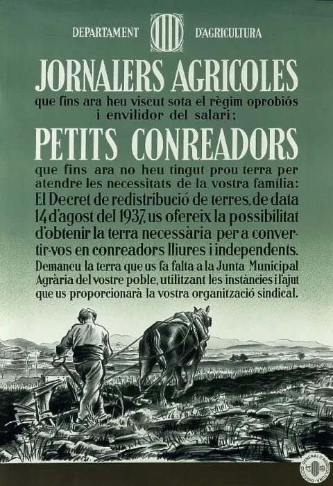 Framed Print : Spanish Civil War (1936-1939). Poster edited by the Departament of Agriculture of the Generalitat of Catalonia about the Decree on Redistribution of Lands of 14th August 1937