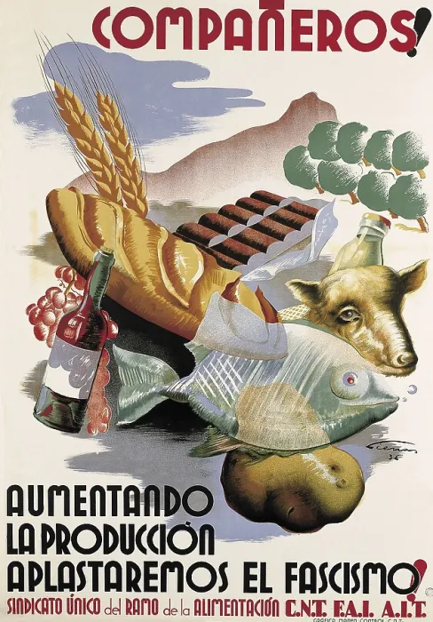 Framed Print : Spanish Civil War (1936-1939). 'Compaerosaumentando la produccin aplastamos el fascismo' (Comradesincreasing the production we smash fascism)
