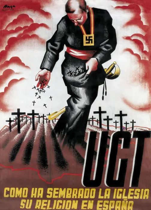 Framed Print : Spanish Civil War (1936-1939). 'Cmo ha sembrado la iglesia su religin en Espaa' (How the church has sown its religion in Spain). Poster from the UGT desigend by Raga Framed Print : Spanish Civil War (1936-1939). 'Cmo ha sembrado la iglesia su religin en Espaa' (How the church has sown its religion in Spain). Poster from the UGT desigend by Raga