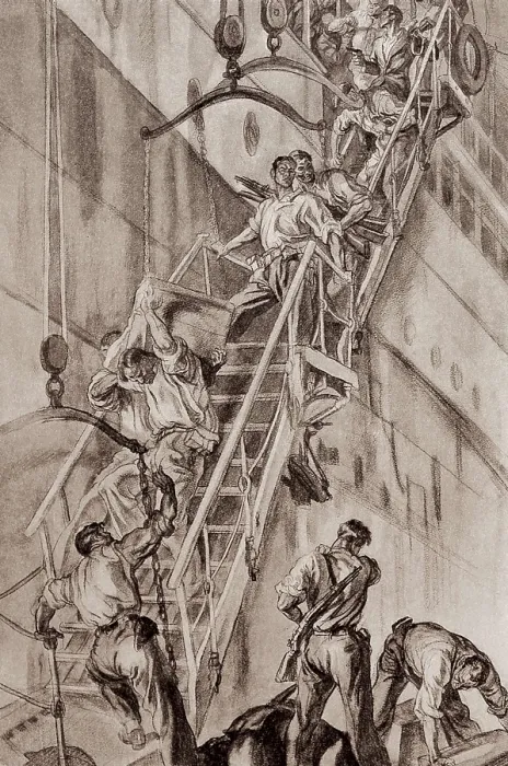 Framed Print : Spanish Civil War (1936-1939). Anarchists assaulting merchant ships in the port. Drawing. AISA / Everett Collection**US SALES ONLY**
