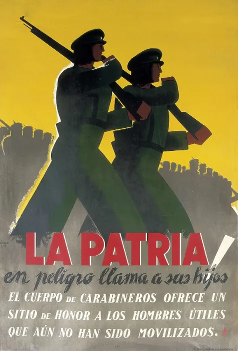 Framed Print : Spanish Civil War (1936-1939). 'La Patria en peligro llama a su hijo' (The Homeland in Danger Calls her Son). Poster with republican border guards (1936) Framed Print : Spanish Civil War (1936-1939). 'La Patria en peligro llama a su hijo' (The Homeland in Danger Calls her Son). Poster with republican border guards (1936)