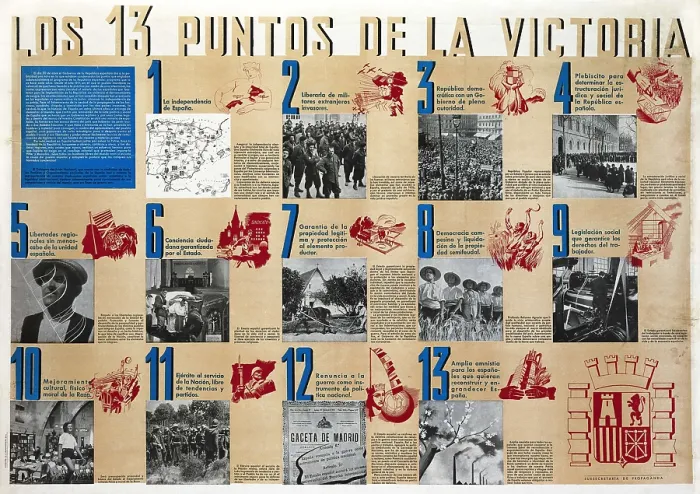 Framed Print : Spanish Civil War (1936-1939). 'Los 13 Puntos de la Victoria' (The 13 Points of Victory). Republican poster edited by the Undersecretaryship of Propaganda. SPAIN Framed Print : Spanish Civil War (1936-1939). 'Los 13 Puntos de la Victoria' (The 13 Points of Victory). Republican poster edited by the Undersecretaryship of Propaganda. SPAIN