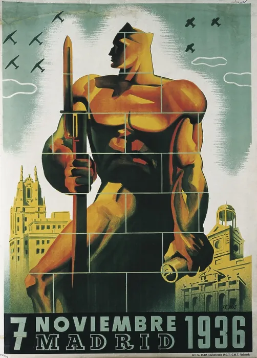 Framed Print : Spanish Civil War (1936-1939). 'Madrid 7 de noviembre de 1936' (Madrid 7th November 1936). Poster edited in Valencia, with drawing by Toms. Litography. SPAIN. Salamanca